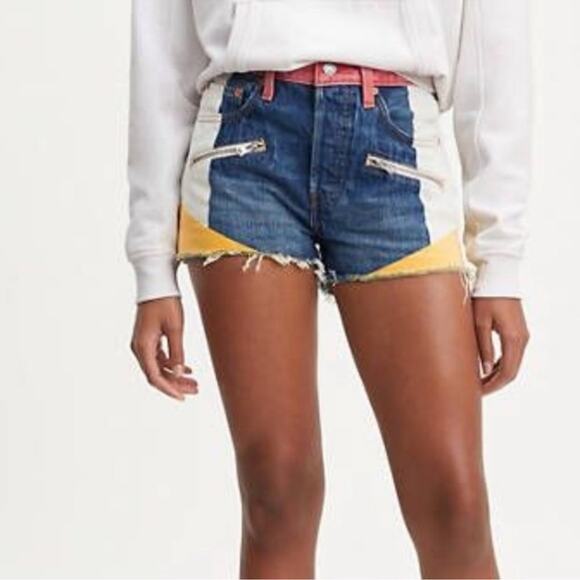 Levi's 501 Button Fly Denim Color Block Jean Shorts Blue Red Size 31 - Picture 1 of 9